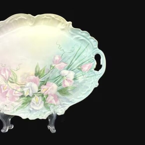 Vintage Limoges France Floral Sweet Pea Gold Trimmed Oval Platter - Picture 8 of 11